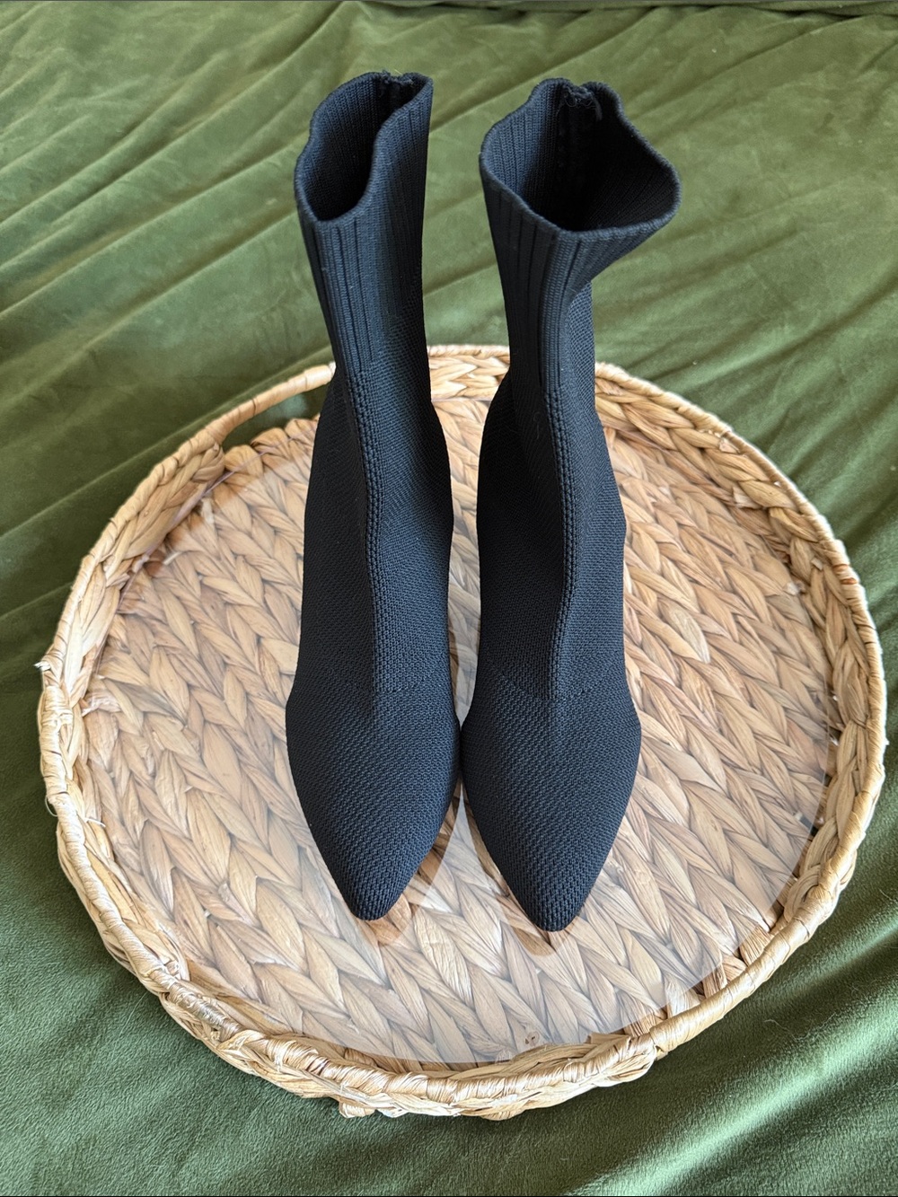 Black Stretch-Knit Pointed Toe Sock Boots